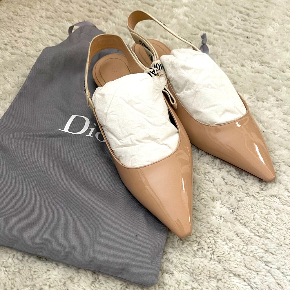 Dior Beige Patent Leather J’adior Slingback Flat Sandals size 36.5